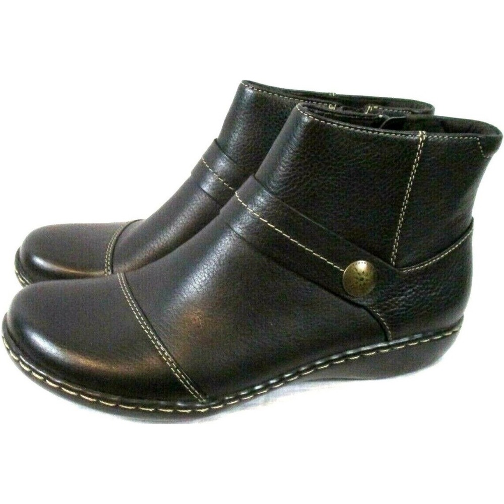 Clarks Womens Black Leather Ankle Boots‎ Side Zip Low Wedge Wide Width Size 6W